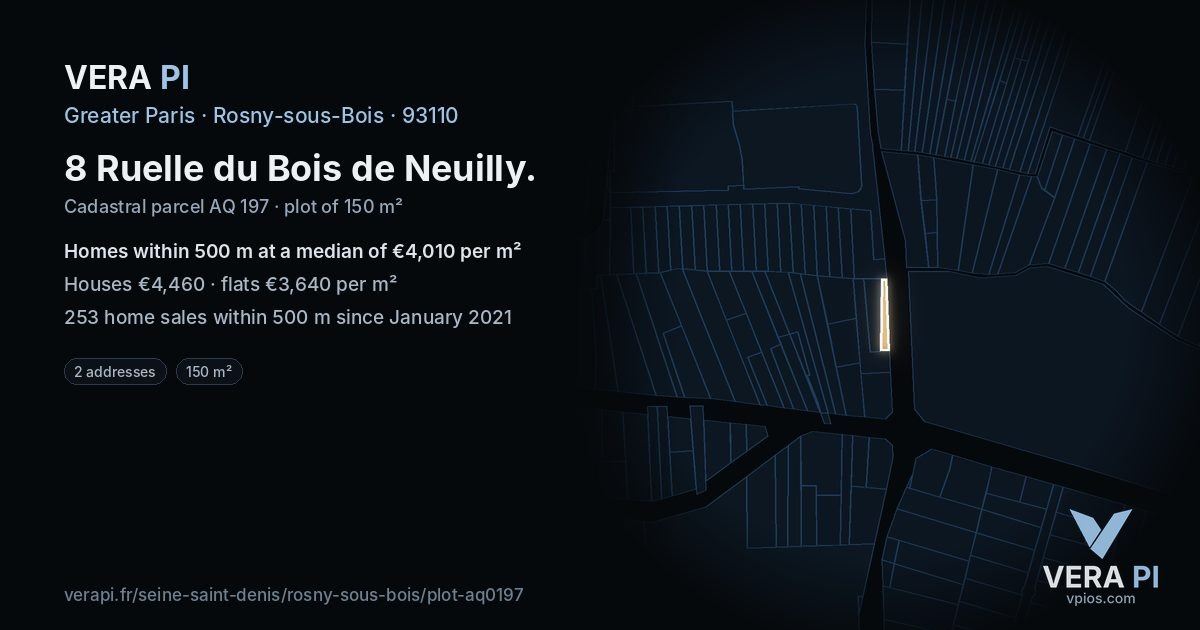 8 Ruelle du Bois de Neuilly, Rosny-sous-Bois at night – the plot lit, the parcels around coloured by the prices near them