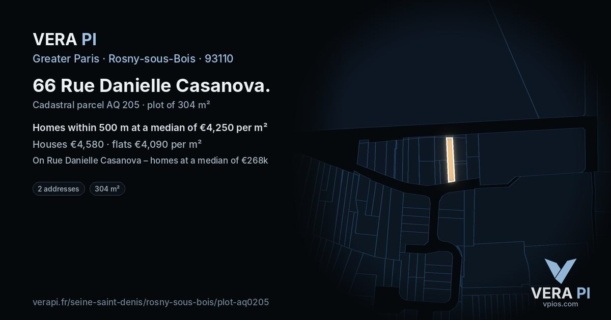 66 Rue Danielle Casanova, Rosny-sous-Bois at night – the plot lit, the parcels around coloured by the prices near them