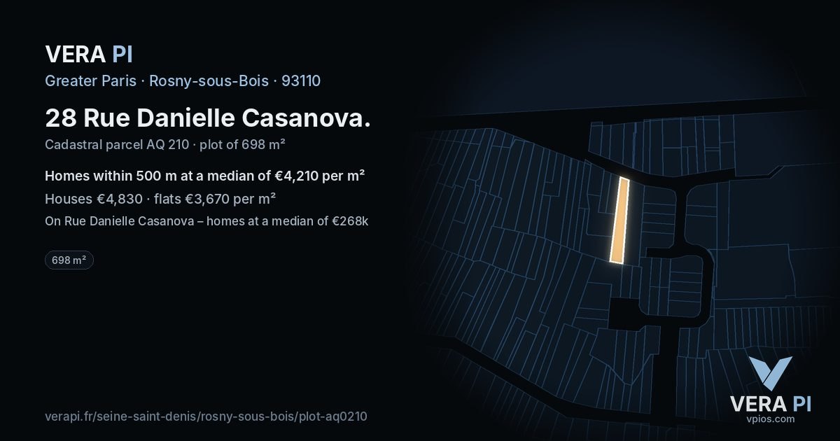 28 Rue Danielle Casanova, Rosny-sous-Bois at night – the plot lit, the parcels around coloured by the prices near them