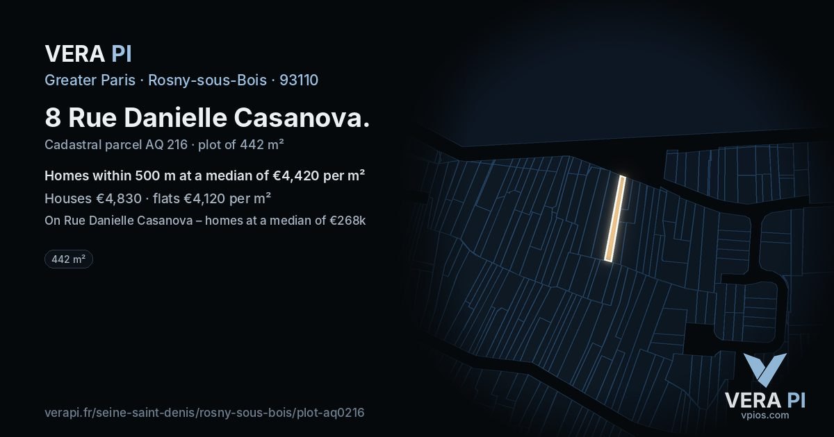 8 Rue Danielle Casanova, Rosny-sous-Bois at night – the plot lit, the parcels around coloured by the prices near them