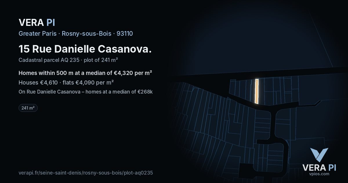 15 Rue Danielle Casanova, Rosny-sous-Bois at night – the plot lit, the parcels around coloured by the prices near them