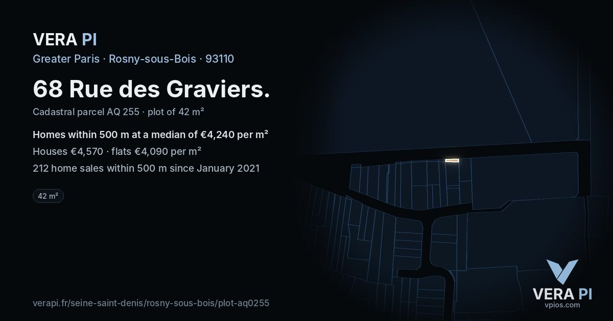 68 Rue des Graviers, Rosny-sous-Bois at night – the plot lit, the parcels around coloured by the prices near them