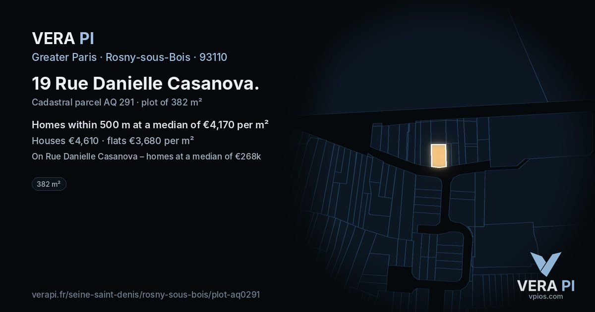 19 Rue Danielle Casanova, Rosny-sous-Bois at night – the plot lit, the parcels around coloured by the prices near them
