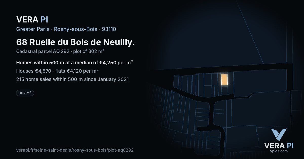 68 Ruelle du Bois de Neuilly, Rosny-sous-Bois at night – the plot lit, the parcels around coloured by the prices near them