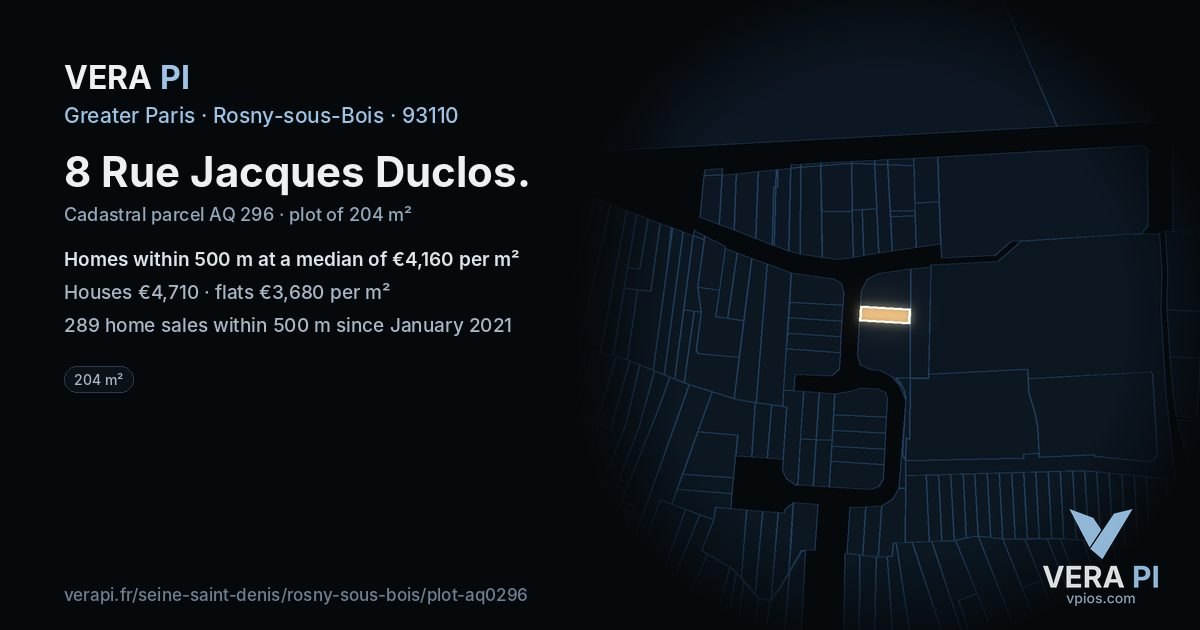 8 Rue Jacques Duclos, Rosny-sous-Bois at night – the plot lit, the parcels around coloured by the prices near them