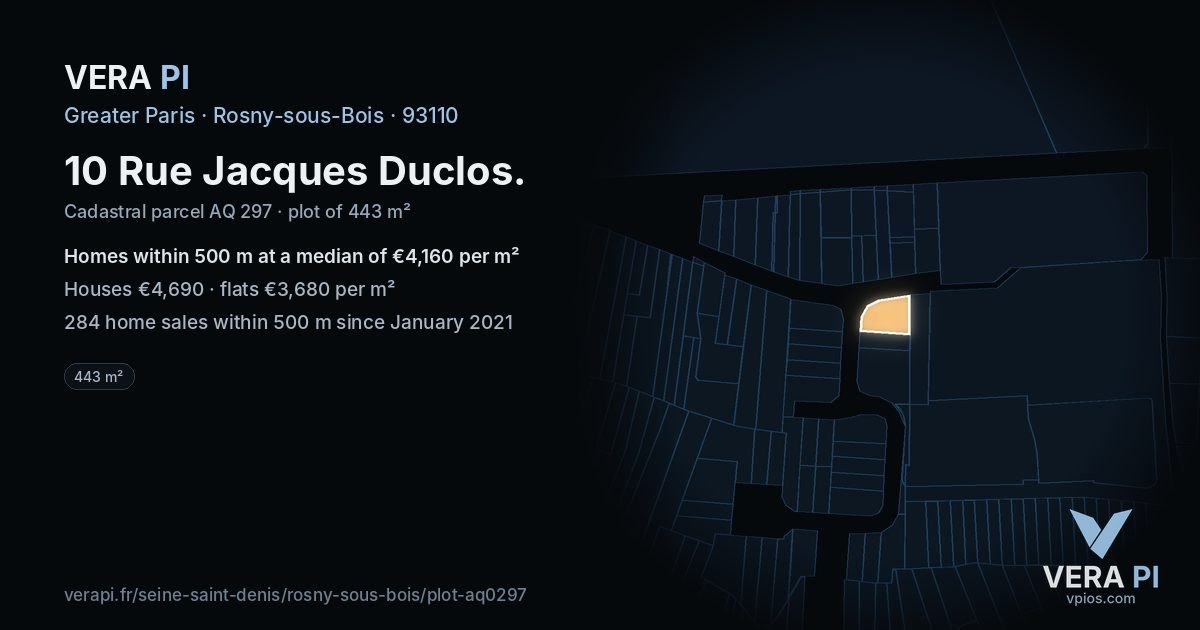 10 Rue Jacques Duclos, Rosny-sous-Bois at night – the plot lit, the parcels around coloured by the prices near them