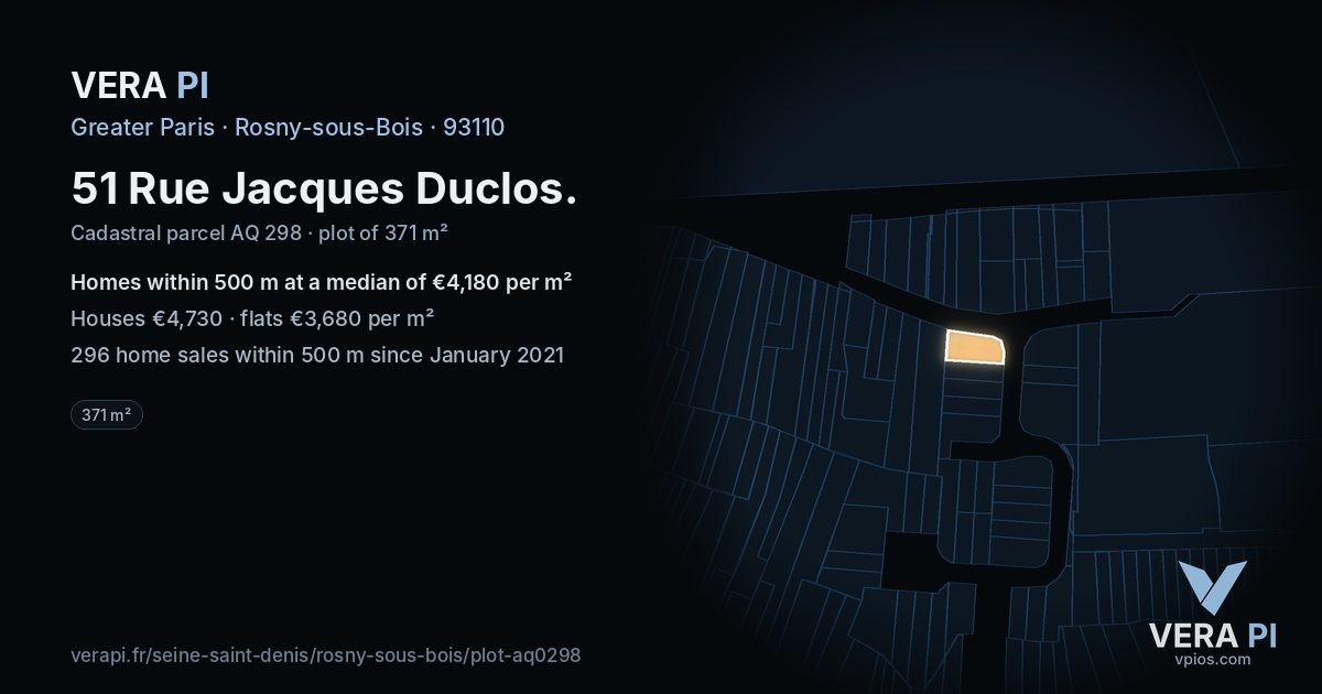 51 Rue Jacques Duclos, Rosny-sous-Bois at night – the plot lit, the parcels around coloured by the prices near them