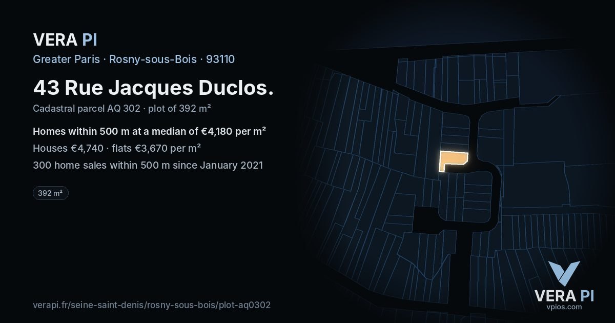43 Rue Jacques Duclos, Rosny-sous-Bois at night – the plot lit, the parcels around coloured by the prices near them