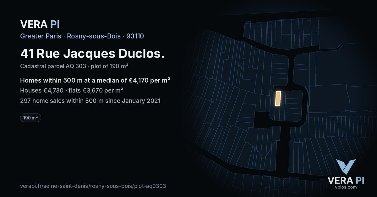 41 Rue Jacques Duclos, Rosny-sous-Bois at night – the plot lit, the parcels around coloured by the prices near them