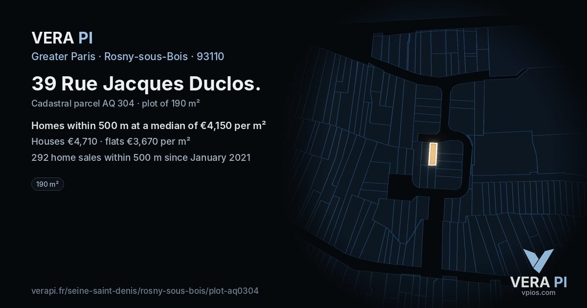 39 Rue Jacques Duclos, Rosny-sous-Bois at night – the plot lit, the parcels around coloured by the prices near them