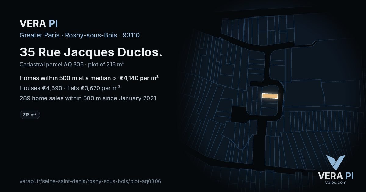 35 Rue Jacques Duclos, Rosny-sous-Bois at night – the plot lit, the parcels around coloured by the prices near them