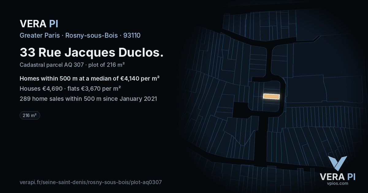 33 Rue Jacques Duclos, Rosny-sous-Bois at night – the plot lit, the parcels around coloured by the prices near them