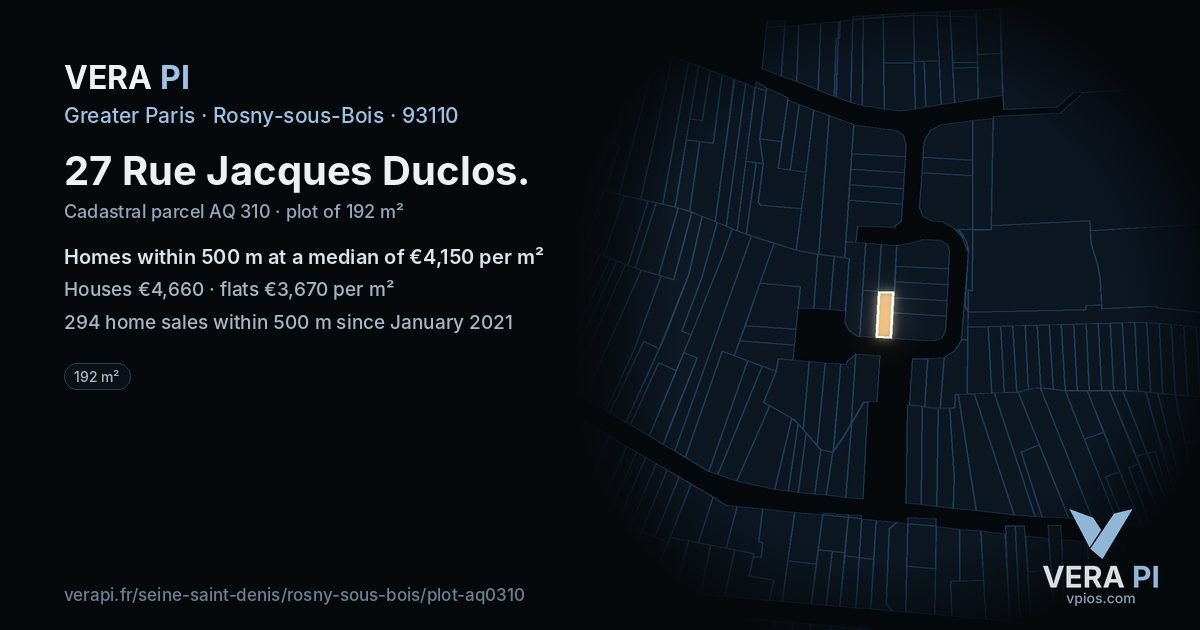 27 Rue Jacques Duclos, Rosny-sous-Bois at night – the plot lit, the parcels around coloured by the prices near them