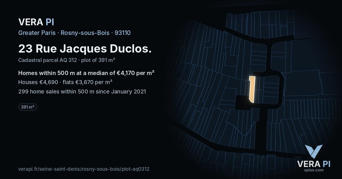 23 Rue Jacques Duclos, Rosny-sous-Bois at night – the plot lit, the parcels around coloured by the prices near them
