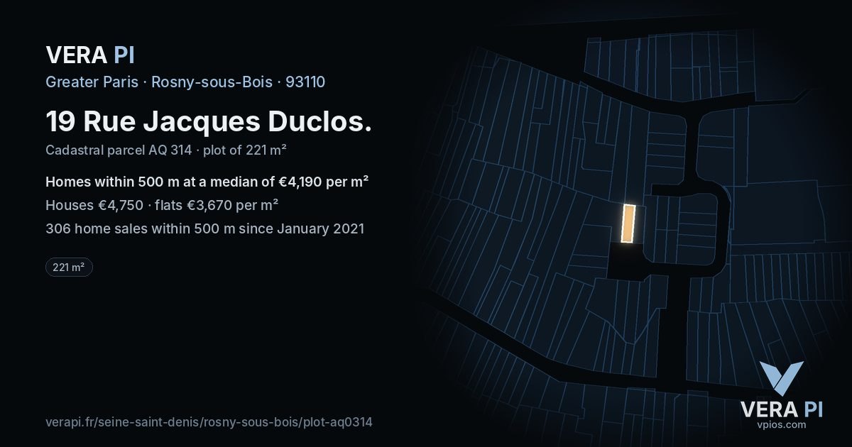 19 Rue Jacques Duclos, Rosny-sous-Bois at night – the plot lit, the parcels around coloured by the prices near them