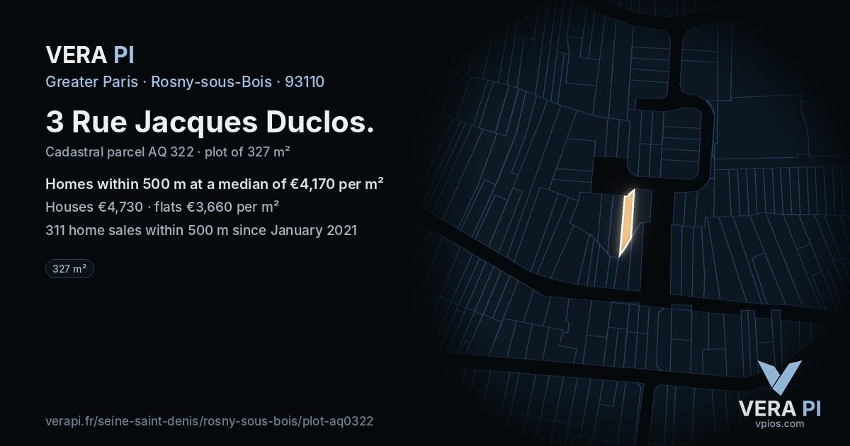 3 Rue Jacques Duclos, Rosny-sous-Bois at night – the plot lit, the parcels around coloured by the prices near them