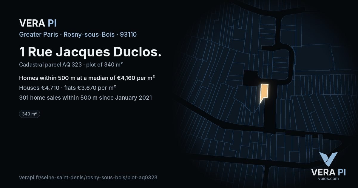 1 Rue Jacques Duclos, Rosny-sous-Bois at night – the plot lit, the parcels around coloured by the prices near them