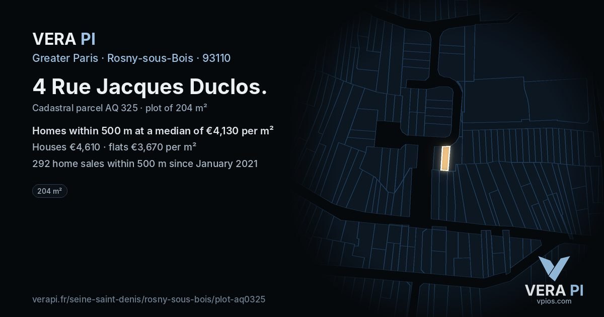 4 Rue Jacques Duclos, Rosny-sous-Bois at night – the plot lit, the parcels around coloured by the prices near them