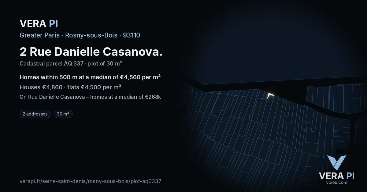 2 Rue Danielle Casanova, Rosny-sous-Bois at night – the plot lit, the parcels around coloured by the prices near them