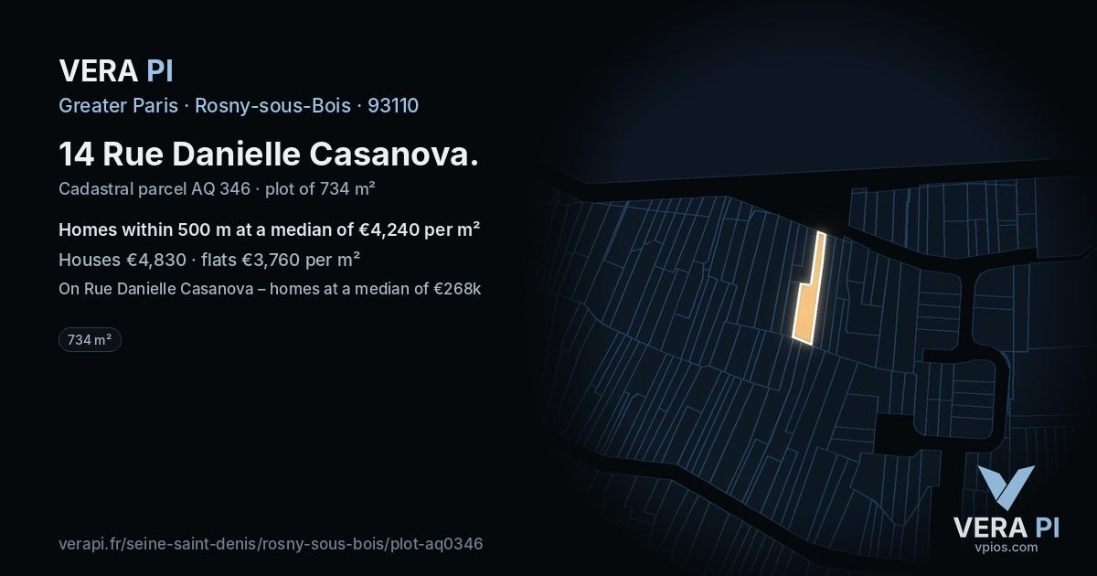 14 Rue Danielle Casanova, Rosny-sous-Bois at night – the plot lit, the parcels around coloured by the prices near them