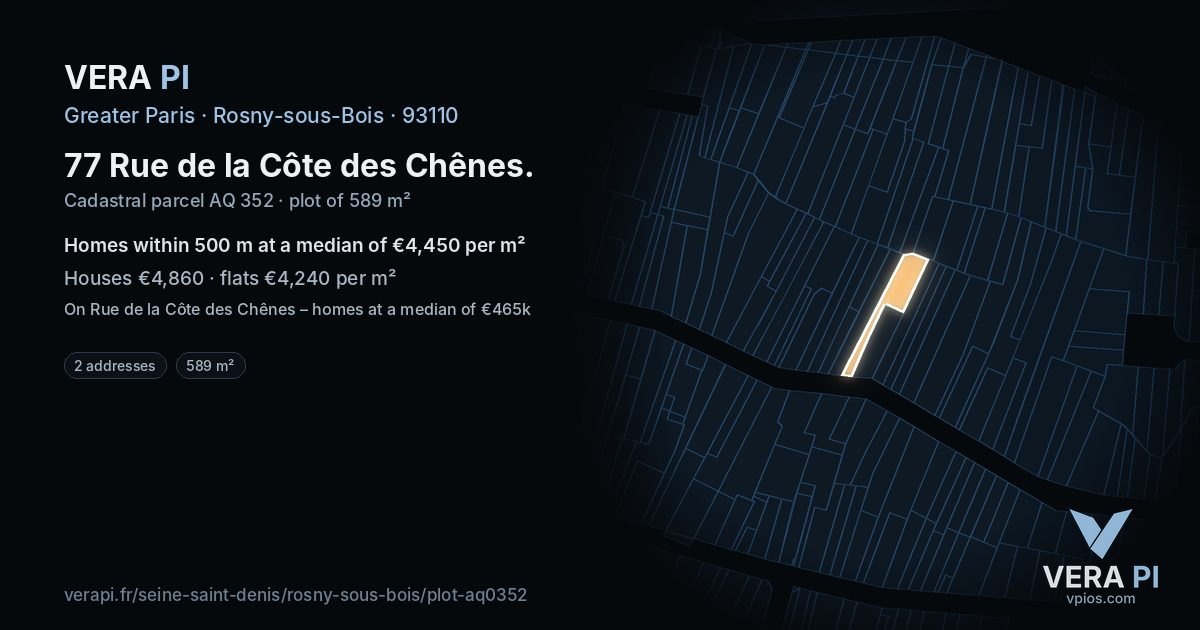 77 Rue de la Côte des Chênes, Rosny-sous-Bois at night – the plot lit, the parcels around coloured by the prices near them