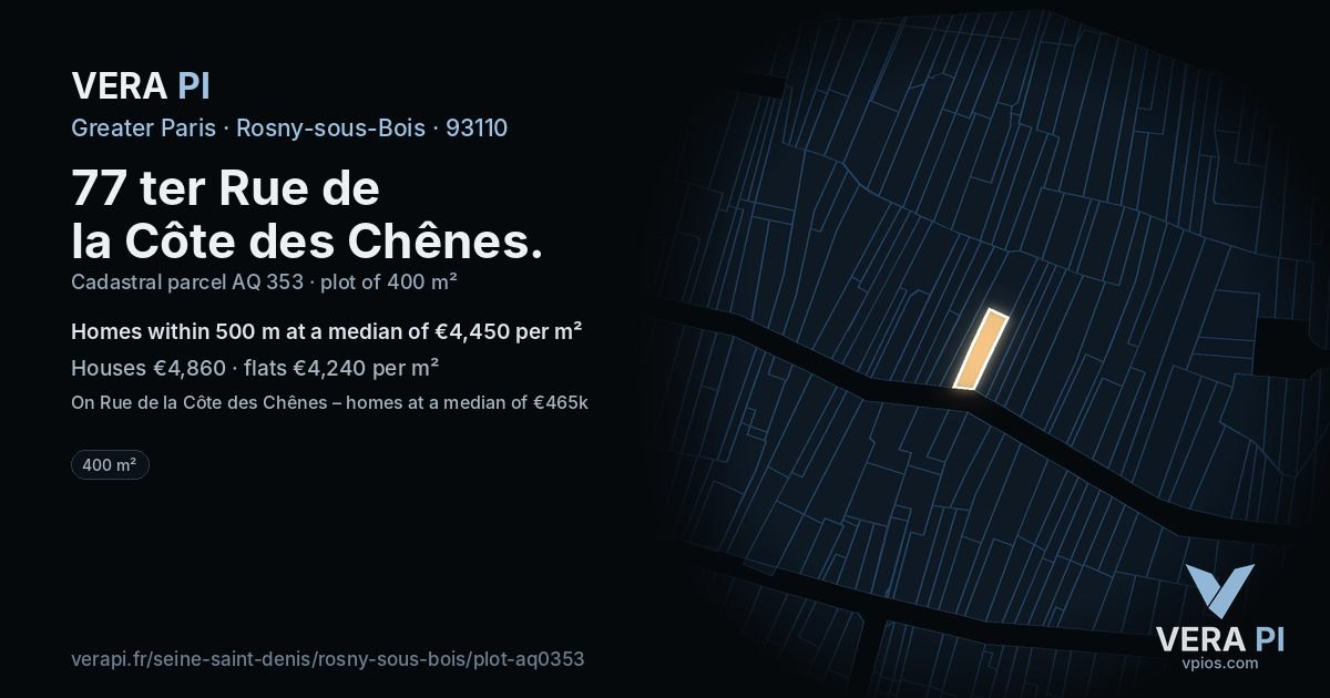 77 ter Rue de la Côte des Chênes, Rosny-sous-Bois at night – the plot lit, the parcels around coloured by the prices near them