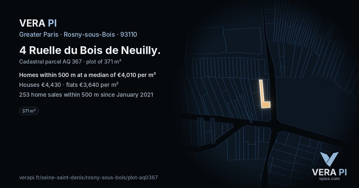 4 Ruelle du Bois de Neuilly, Rosny-sous-Bois at night – the plot lit, the parcels around coloured by the prices near them
