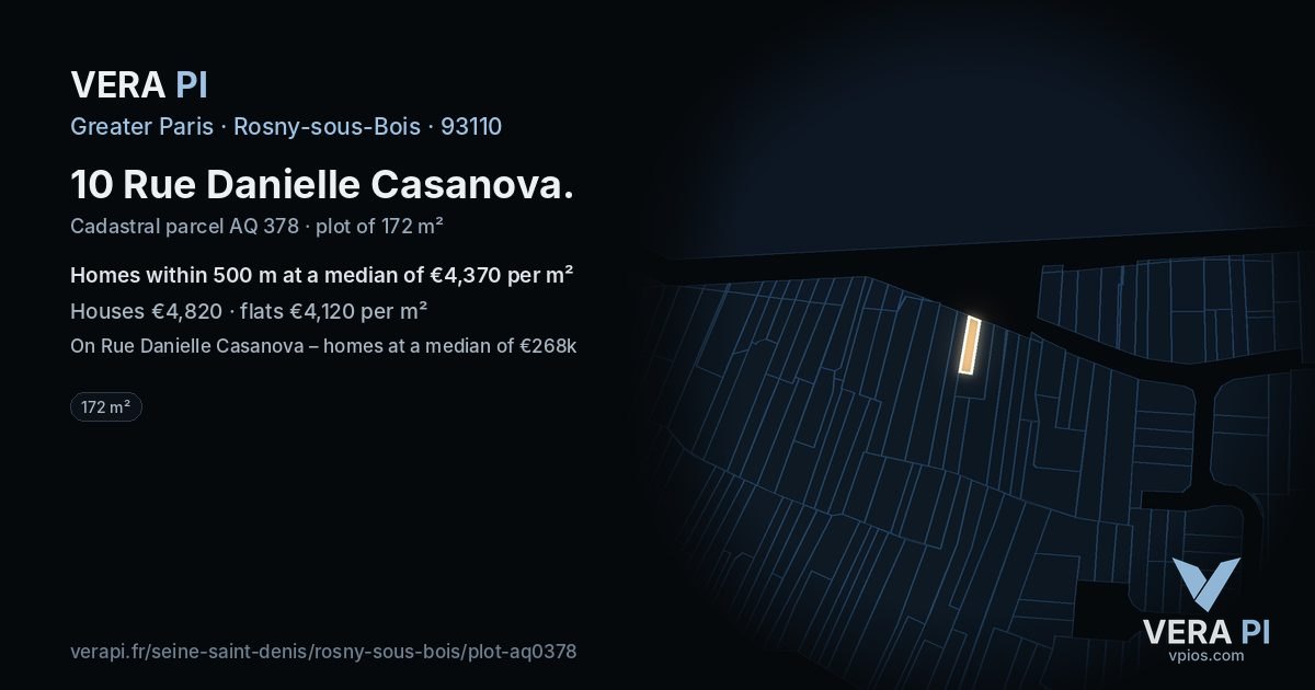 10 Rue Danielle Casanova, Rosny-sous-Bois at night – the plot lit, the parcels around coloured by the prices near them