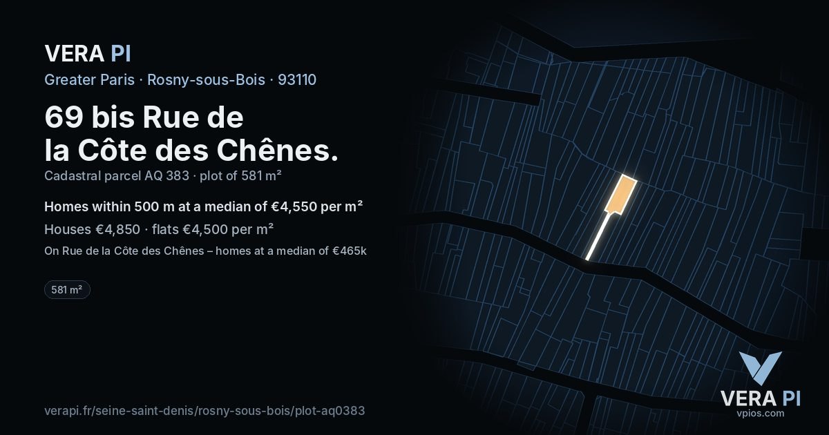 69 bis Rue de la Côte des Chênes, Rosny-sous-Bois at night – the plot lit, the parcels around coloured by the prices near them