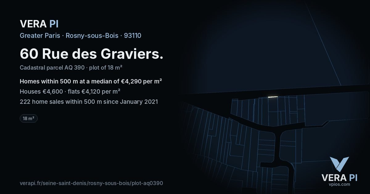 60 Rue des Graviers, Rosny-sous-Bois at night – the plot lit, the parcels around coloured by the prices near them
