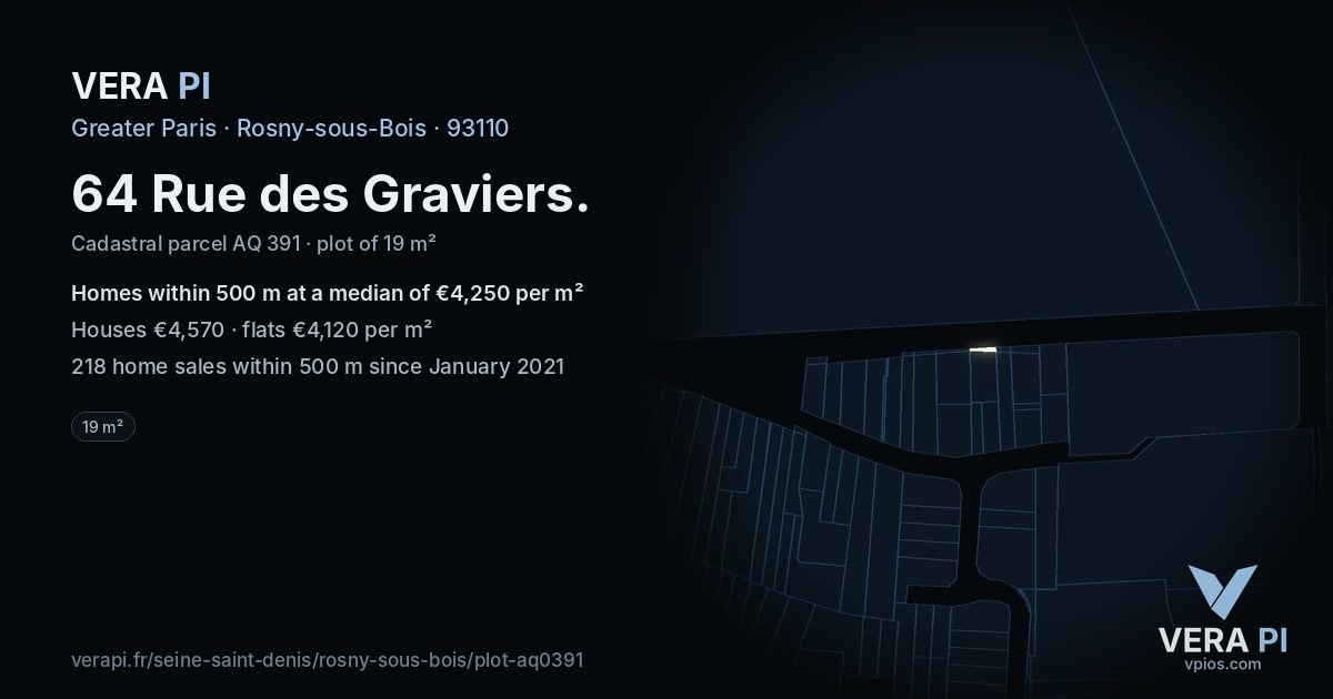 64 Rue des Graviers, Rosny-sous-Bois at night – the plot lit, the parcels around coloured by the prices near them