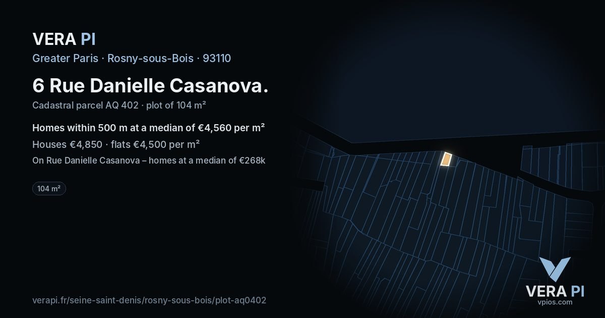 6 Rue Danielle Casanova, Rosny-sous-Bois at night – the plot lit, the parcels around coloured by the prices near them