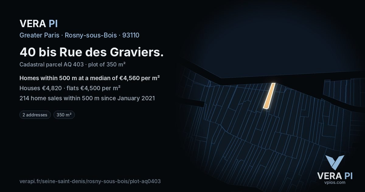 40 bis Rue des Graviers, Rosny-sous-Bois at night – the plot lit, the parcels around coloured by the prices near them