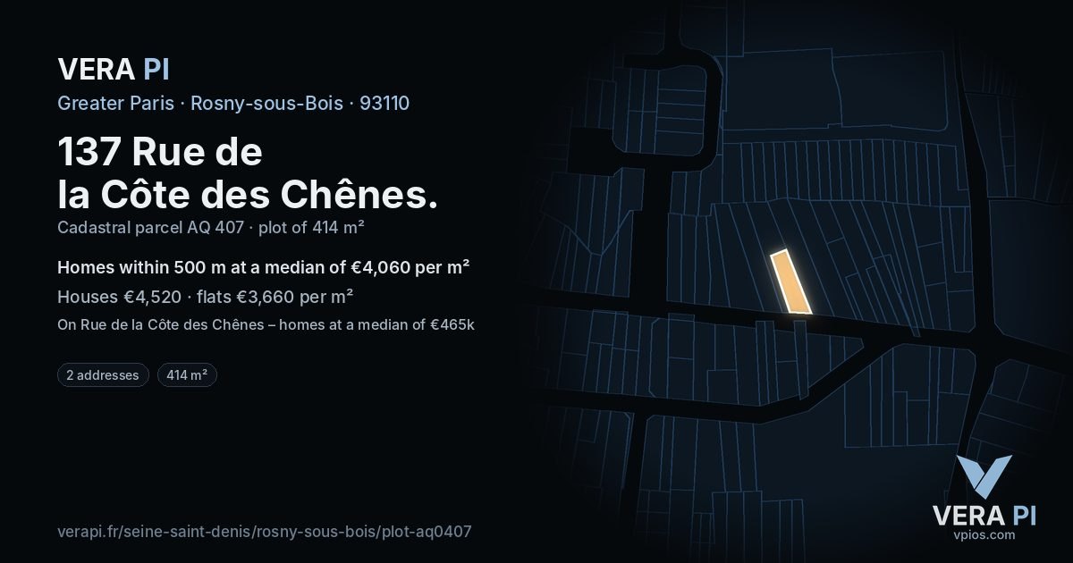 137 Rue de la Côte des Chênes, Rosny-sous-Bois at night – the plot lit, the parcels around coloured by the prices near them