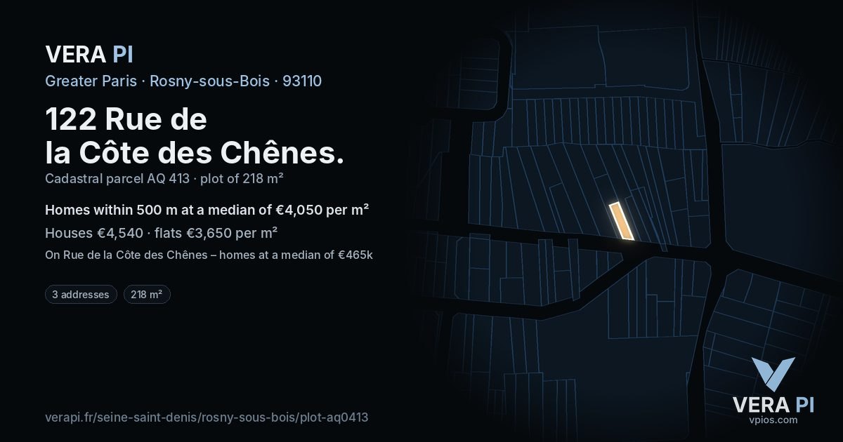 122 Rue de la Côte des Chênes, Rosny-sous-Bois at night – the plot lit, the parcels around coloured by the prices near them