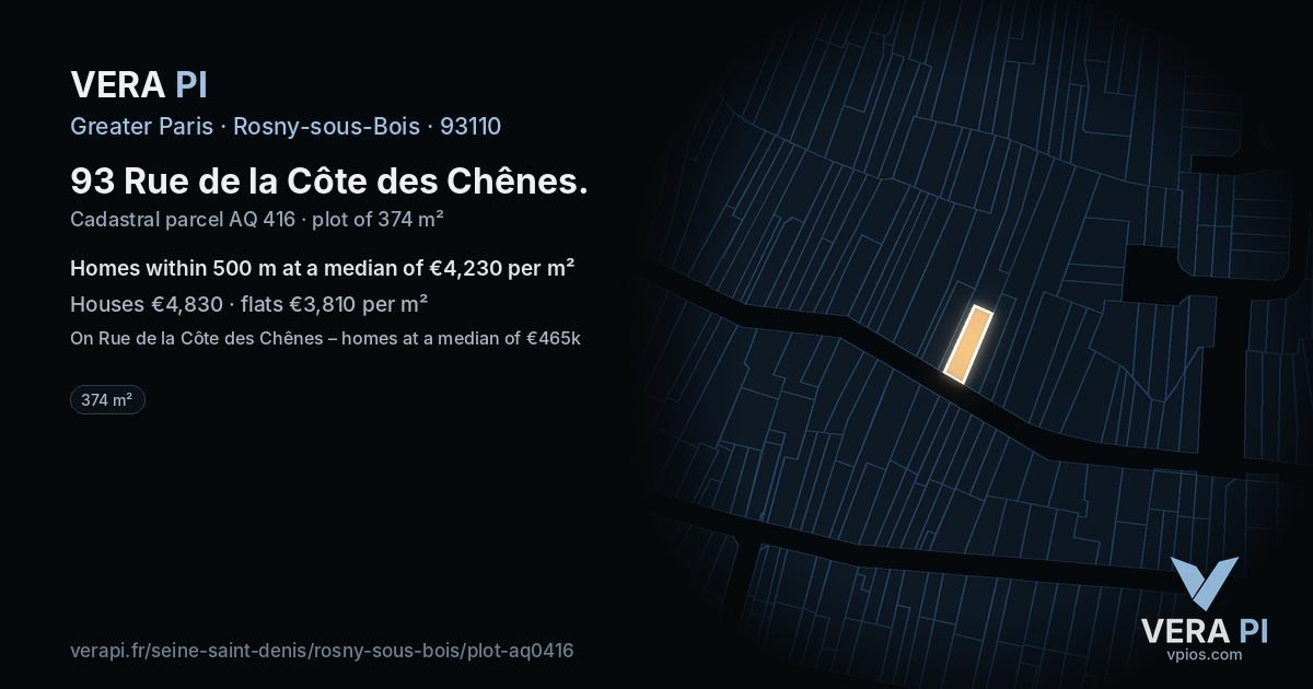93 Rue de la Côte des Chênes, Rosny-sous-Bois at night – the plot lit, the parcels around coloured by the prices near them