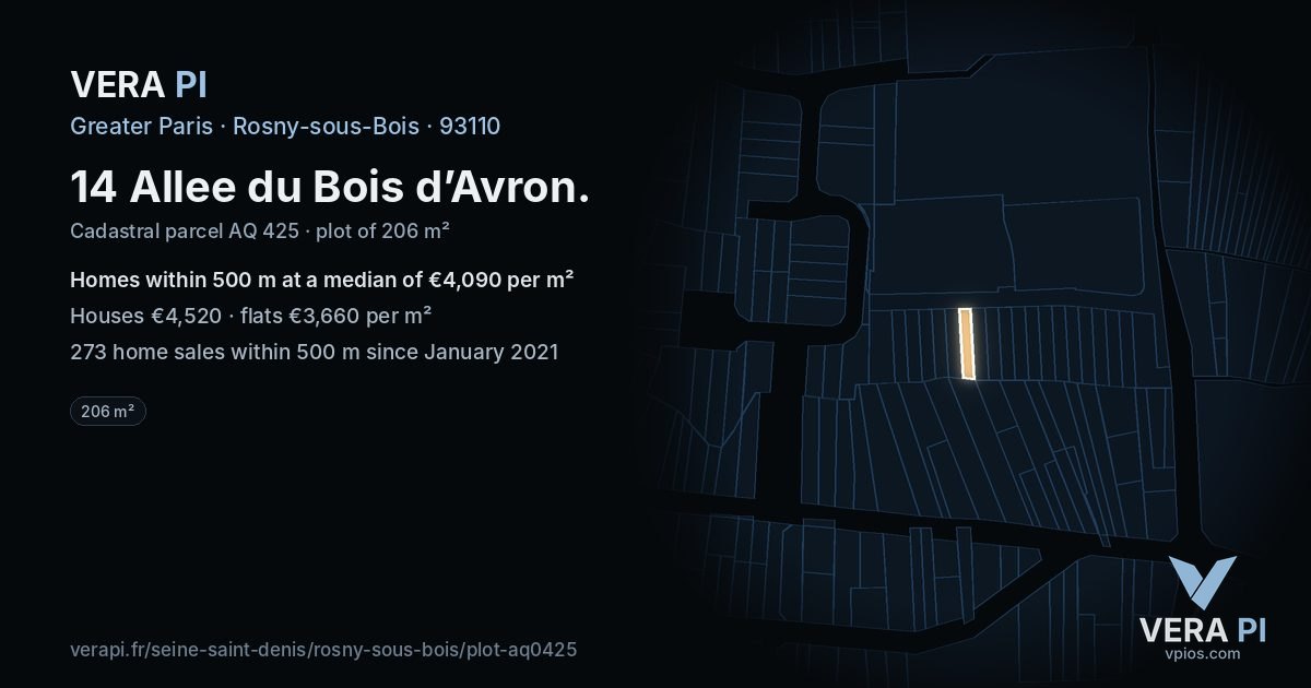 14 Allee du Bois d’Avron, Rosny-sous-Bois at night – the plot lit, the parcels around coloured by the prices near them