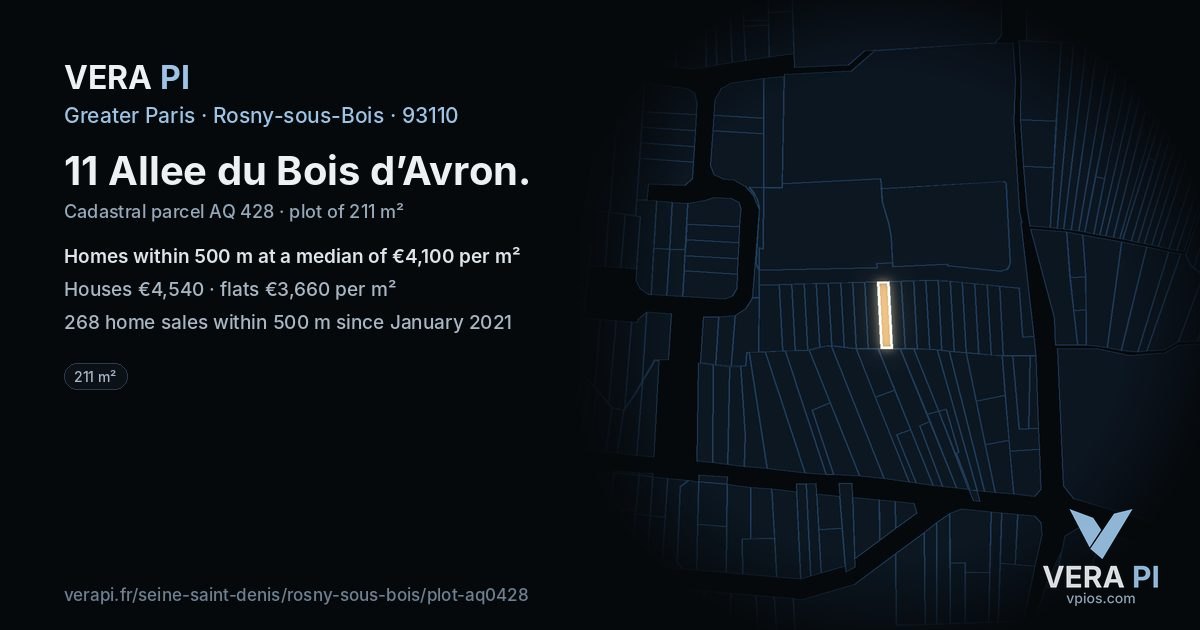 11 Allee du Bois d’Avron, Rosny-sous-Bois at night – the plot lit, the parcels around coloured by the prices near them