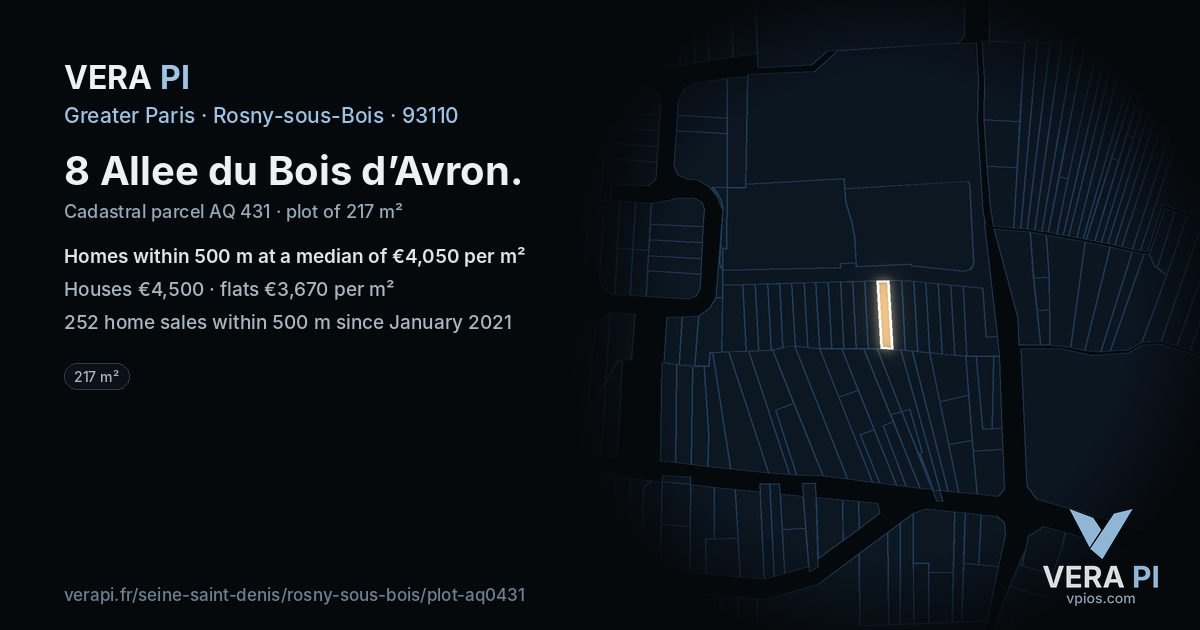 8 Allee du Bois d’Avron, Rosny-sous-Bois at night – the plot lit, the parcels around coloured by the prices near them