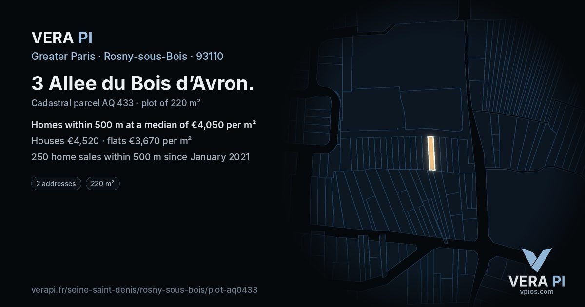 3 Allee du Bois d’Avron, Rosny-sous-Bois at night – the plot lit, the parcels around coloured by the prices near them