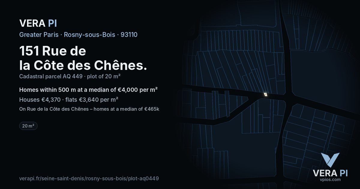 151 Rue de la Côte des Chênes, Rosny-sous-Bois at night – the plot lit, the parcels around coloured by the prices near them