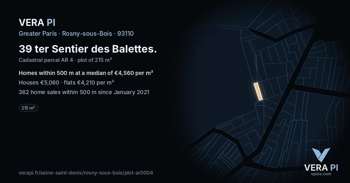 39 ter Sentier des Balettes, Rosny-sous-Bois at night – the plot lit, the parcels around coloured by the prices near them