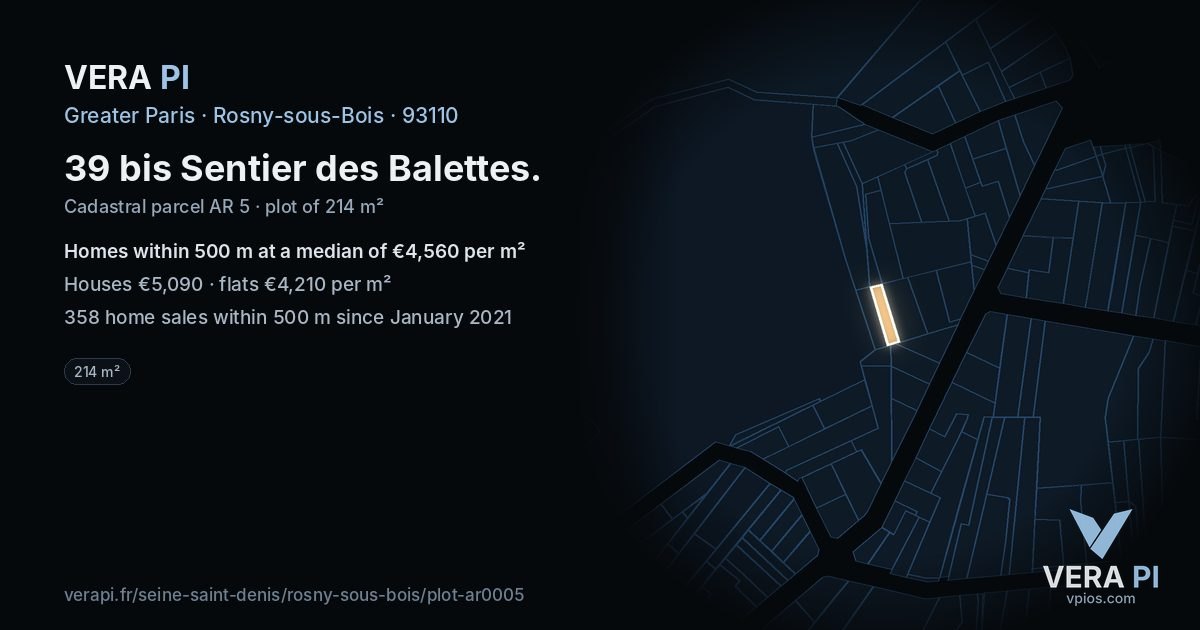 39 bis Sentier des Balettes, Rosny-sous-Bois at night – the plot lit, the parcels around coloured by the prices near them
