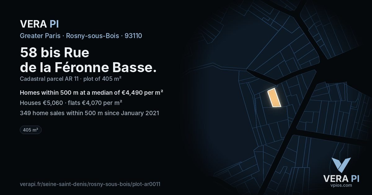 58 bis Rue de la Féronne Basse, Rosny-sous-Bois at night – the plot lit, the parcels around coloured by the prices near them