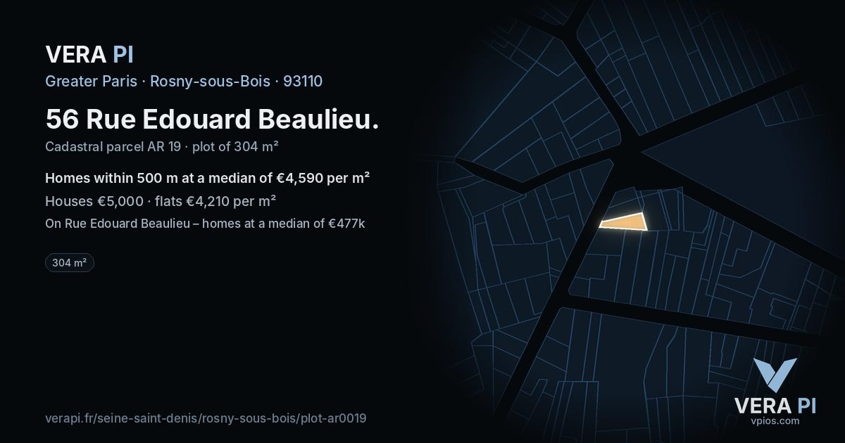 56 Rue Edouard Beaulieu, Rosny-sous-Bois at night – the plot lit, the parcels around coloured by the prices near them