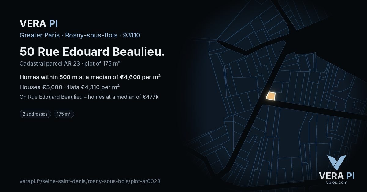50 Rue Edouard Beaulieu, Rosny-sous-Bois at night – the plot lit, the parcels around coloured by the prices near them