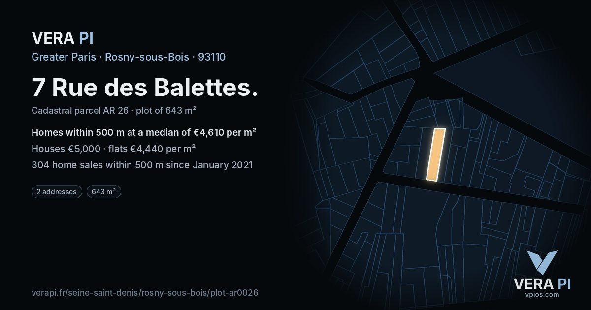 7 Rue des Balettes, Rosny-sous-Bois at night – the plot lit, the parcels around coloured by the prices near them