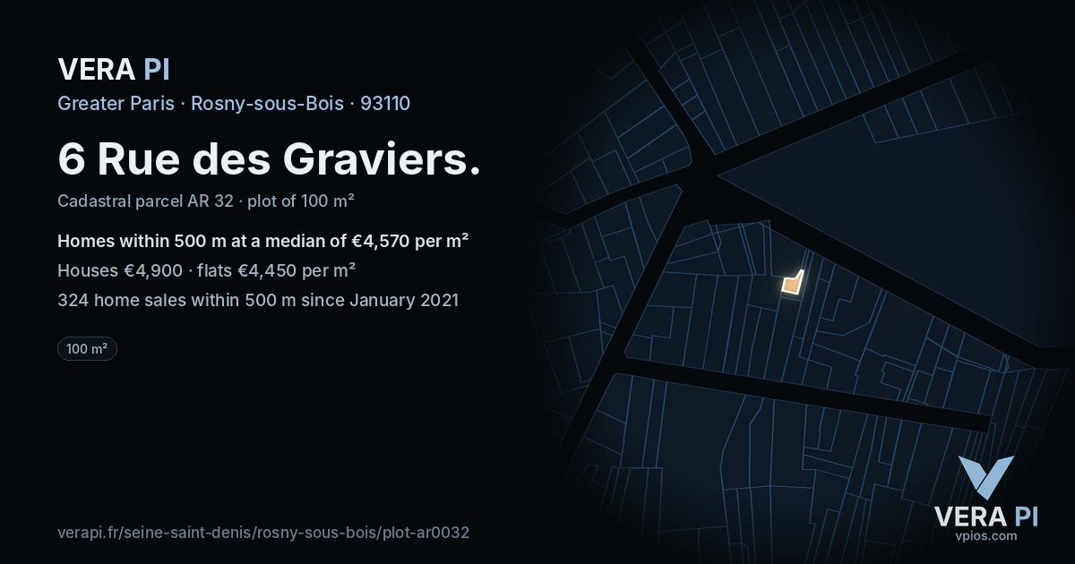 6 Rue des Graviers, Rosny-sous-Bois at night – the plot lit, the parcels around coloured by the prices near them