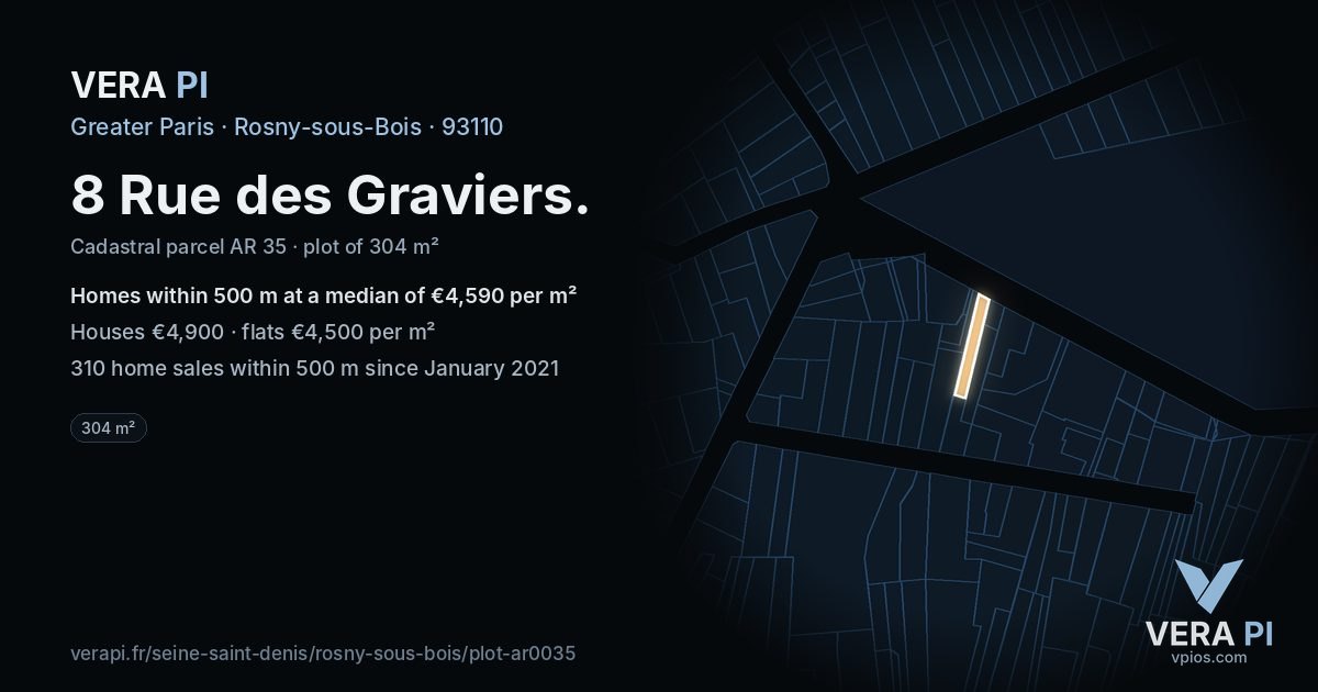 8 Rue des Graviers, Rosny-sous-Bois at night – the plot lit, the parcels around coloured by the prices near them