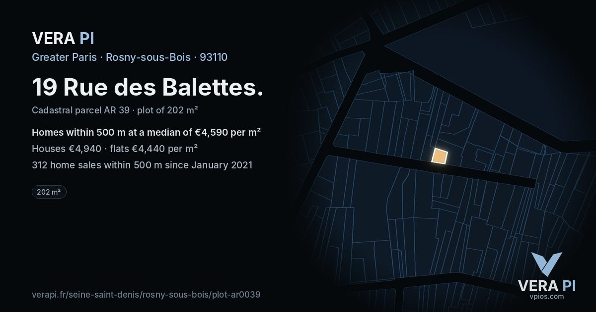 19 Rue des Balettes, Rosny-sous-Bois at night – the plot lit, the parcels around coloured by the prices near them